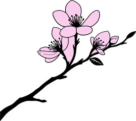Pink flowers on a branch with delicate petals and green leaves in a simple, elegant design
