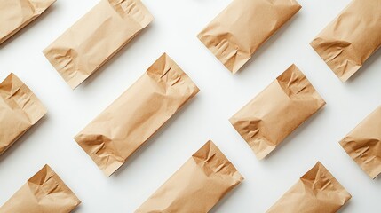 A minimalist photo of brown paper bags with folded tops, arranged symmetrically on a white backdrop