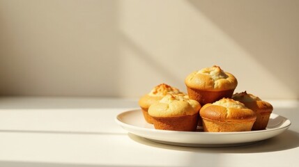 Golden-brown baked delights arranged on a pristine white plate, bathed in soft sunlight