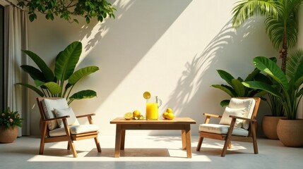 Fototapeta premium Serene Patio Oasis Wooden Chairs, Lush Greenery, and Refreshing Citrus Beverage on a Sunny Day