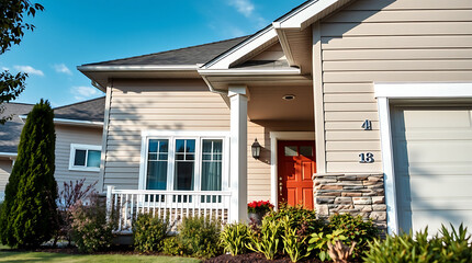 Stunning Suburban Home Exterior: Modern Design,Landscaped Gardens, and Red Door Accents