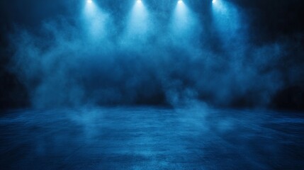 Naklejka premium The dark stage shows, empty dark blue scene background, neon light, and spotlights The asphalt floor and studio room with smoke float up the interior texture for display products.