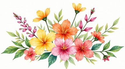Fototapeta premium Vibrant Watercolor Floral Arrangement Featuring Delicate Blooms and Lush Greenery, Perfect for Wedding Invitations or Decorative Prints