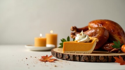 Fototapeta premium Autumnal Feast A Slice of Pumpkin Pie with Whipped Cream Adorned by Candles and Fall Foliage Beside Roasted Poultry on Rustic Wood