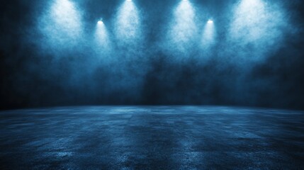 The dark stage shows, empty dark blue scene background, neon light, and spotlights The asphalt floor and studio room with smoke float up the interior texture for display products.