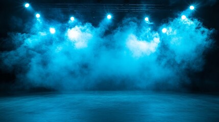 Naklejka premium The dark stage shows, empty dark blue scene background, neon light, and spotlights The asphalt floor and studio room with smoke float up the interior texture for display products.