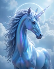 Majestic Light Blue Unicorn on a Cloud-Filled Sky