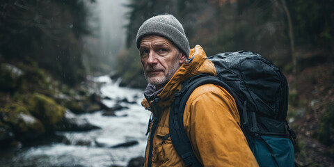 Obraz premium Portrait of an adventurous man with a backpack, looking at the camera and standing by the river in a forest on a rainy day, generative AI