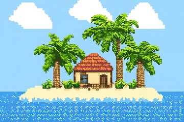 Pixel Art Tropical Island Scene House Palm Trees Beach Ocean