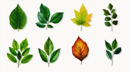 Fototapeta premium A modern leaf banner with a variety of leaf types, including abstract and realistic designs, on a plain white background.