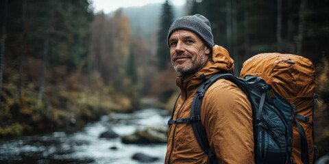 Portrait of an adventurous man with a backpack, looking at the camera and standing by the river in a forest on a rainy day, generative AI