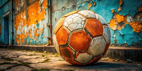 Grunge-textured, vintage soccer ball.  Orange and white panels showcase worn beauty in fashion photography.