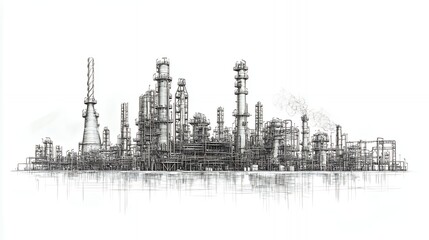 Detailed pen and ink sketch of a large industrial refinery. Shows many towers, pipes and other industrial equipment.