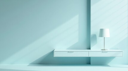 Serene Minimalist Interior Design Featuring a Floating Shelf and Table Lamp in a Light Blue Room