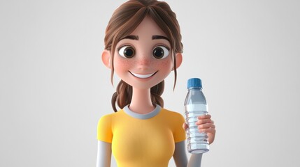 Healthy woman cartoon illustration in 3D, holding a water bottle with a bright smile, showcasing an active lifestyle in a playful style 