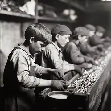 Young Factory Workers Engaged in Demanding Manual Tasks in Claustrophobic Industrial Setting with Subdued Tones and High Contrast Photojournalistic