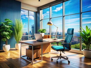 Modern office design:  Elevate your workspace with a stylish desk, ergonomic chair, and powerful laptops.