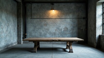 Rustic Wooden Table in Industrial Loft Setting with Exposed Pipes and a Single Hanging Light