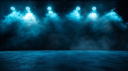 Naklejka premium The dark stage shows, empty dark blue scene background, neon light, and spotlights The asphalt floor and studio room with smoke float up the interior texture for display products.