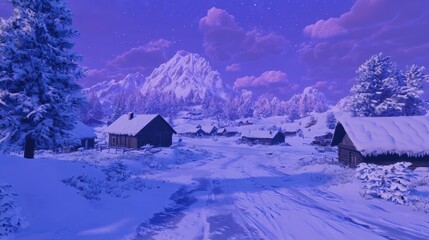 Naklejka premium A snowy landscape with a road and houses