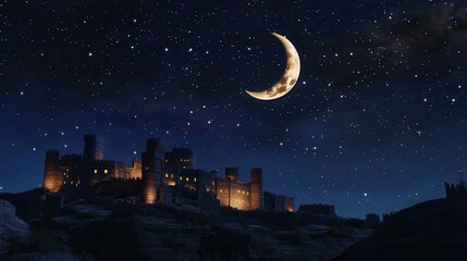 Naklejka premium Ancient Castle under a Crescent Moon and Starlit Sky