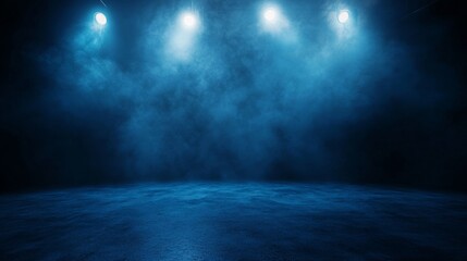 The dark stage shows, empty dark blue scene background, neon light, and spotlights The asphalt floor and studio room with smoke float up the interior texture for display products.