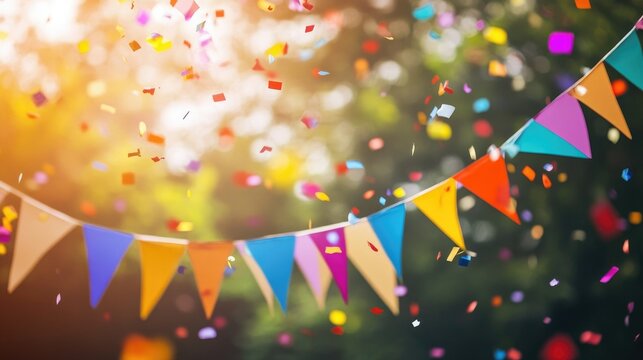 A row of colorful flags and a bright party banner amidst flying confetti and streamers in a joyful outdoor celebration.