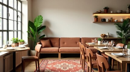 Modern Restaurant Interior Design Featuring a Comfortable Sofa, Wooden Tables, and Earthy Tones