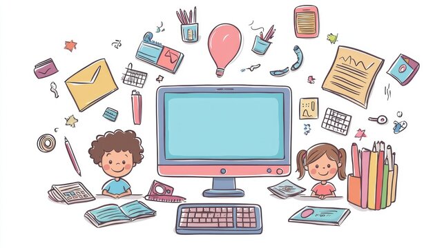 A playful cartoon-style illustration showing kids learning online through a computer, surrounded by school supplies and educational tools. - Powered by Adobe