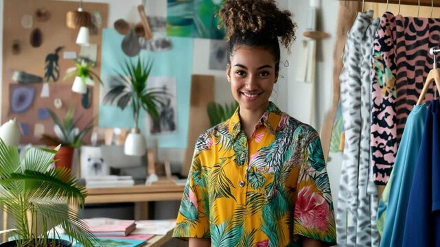 A young woman designer creates a collection of sustainable spring fashion, showcasing eco-friendly materials and bold patterns