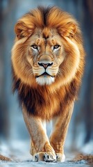A magnificent male lion strides forward, his gaze intense.  The image captures raw power and beauty.