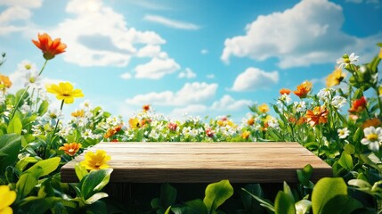 A simple wooden podium amidst an explosion of bright spring flowers and vibrant green leaves under a blue sky.