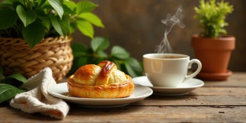Fototapeta premium A delightful pastry, golden brown and flaky, sits on a plate next to a steaming cup of coffee, accompanied by lush green plants in rustic pots on a weathered wooden surface.