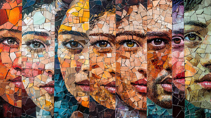 Contemporary Mosaic Portrait Collage with Colorful Segments in Street Art Graffiti Style Design