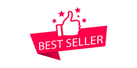 Red vector illustration banner best seller or recommended with thumbs up.