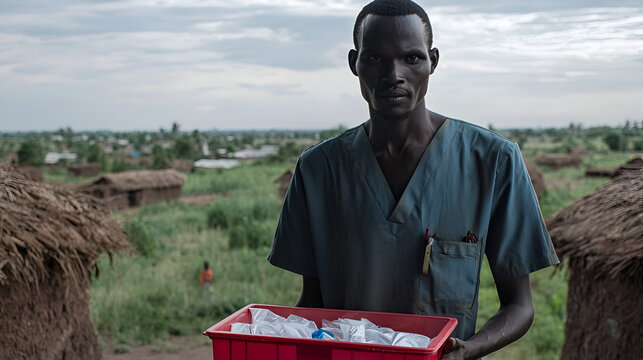 Aid worker carrying medical supplies, rural village, Africa, sunset