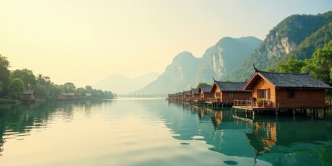 Fototapeta premium Serene Lakeside Cottages Nestled Amongst Lush Greenery and Majestic Mountains at Dawn