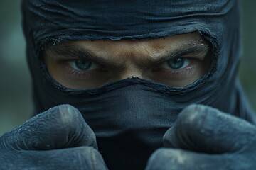 Fototapeta premium Close-up of a man's intense eyes peering from behind a dark mask and gloves.