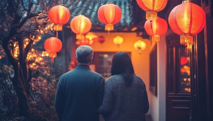 Naklejka premium Couple walking through a lantern-lit Asian garden at night