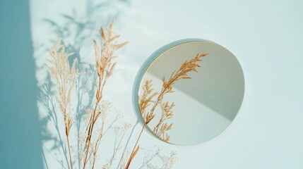 Obraz premium Elegant still life of a round mirror and natural elements on a pale blue backdrop
