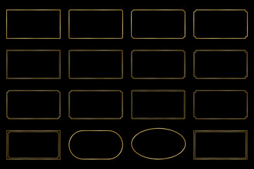 Gold frame set. Gold geometric border collection. Shining rectangular, rounded and ellipse shape element pack for photo, poster, card, banner, background, web presentation. Vector illustration.