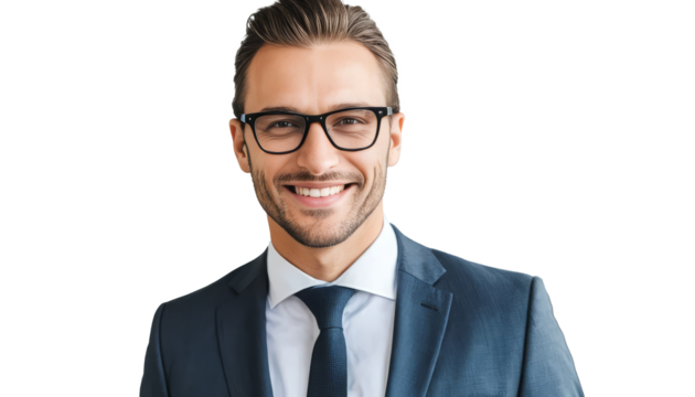 Smiling mid adult man in black suit & glasse isolated on transparent background with copy space.