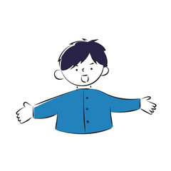 Simple hand-drawn illustration of a male student wearing a school run with his arms outstretched and smiling.
