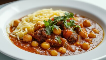 Delicious lentils chickpeas with meat curry for healthy real food on white plate