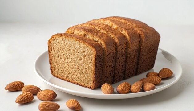 Gluten free almond flour loaf bread healthy ingredient food on white plate