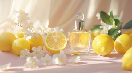 Fresh yellow lemons, white blossoms, and a crystal-clear perfume bottle styled elegantly on a muted pastel background.
