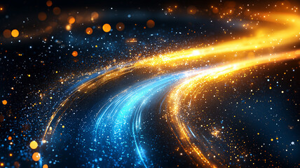 Fototapeta premium Abstract swirls of blue and gold light streams intertwined with shimmering particles in a cosmic backdrop.