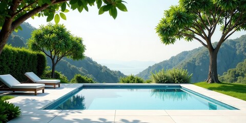 Tranquil Poolside Escape with Mountain Vista and Lush Greenery, Perfect for Relaxation and Serenity
