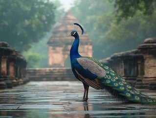 Majestic Peacock in the Rain at Ancient Ruins