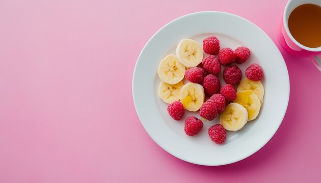 Fresh banana slice and raspberry organic fruit on white plate in pink background